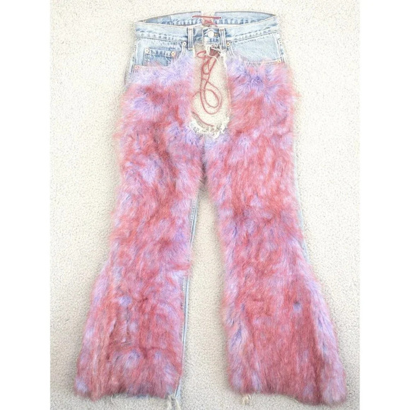 Levis Jeans Womens 30 x 30 Festival Hippie Fuzzy Lace Up Light Wash Upcycled - Picture 1 of 9